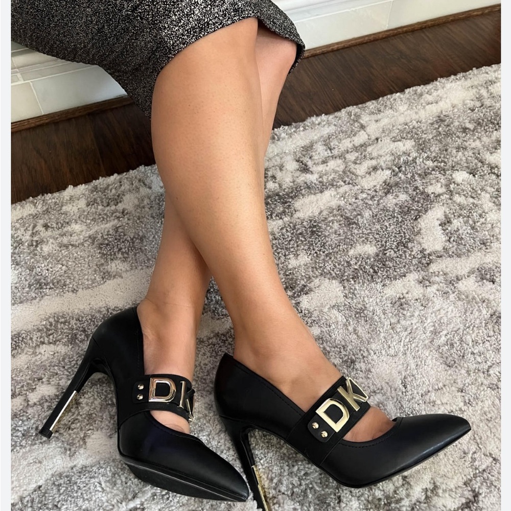 DKNY Genevieve Black and Gold logo stiletto